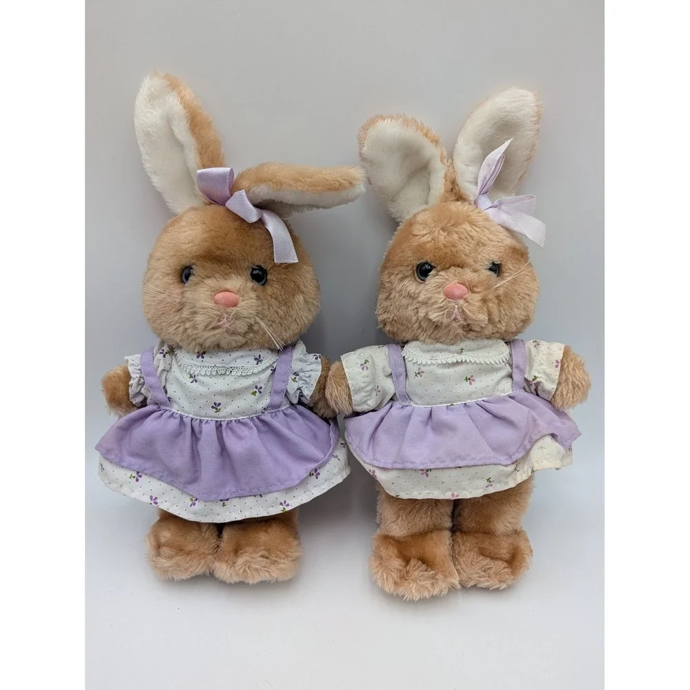 Dakin Plush Bunny Rabbit Tan Vintage 1983 Floral Dress Purple Lot of 2